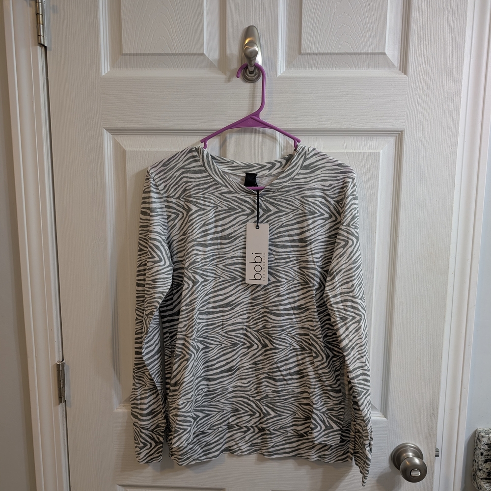 Bobi Los Angeles Zebra Print Crew Neck Split Hem 100% Cotton Tunic - Size S